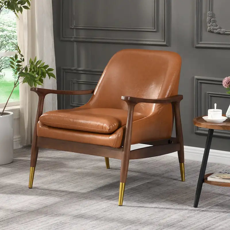 Mid-Century Faux Leather Accent Chair with Solid Wood and Brass-Tipped Legs