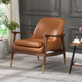Mid-Century Faux Leather Accent Chair with Solid Wood and Brass-Tipped Legs