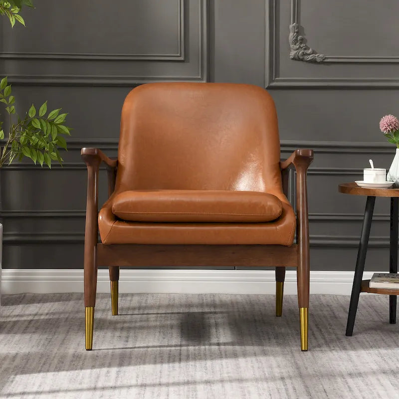 Mid-Century Faux Leather Accent Chair with Solid Wood and Brass-Tipped Legs