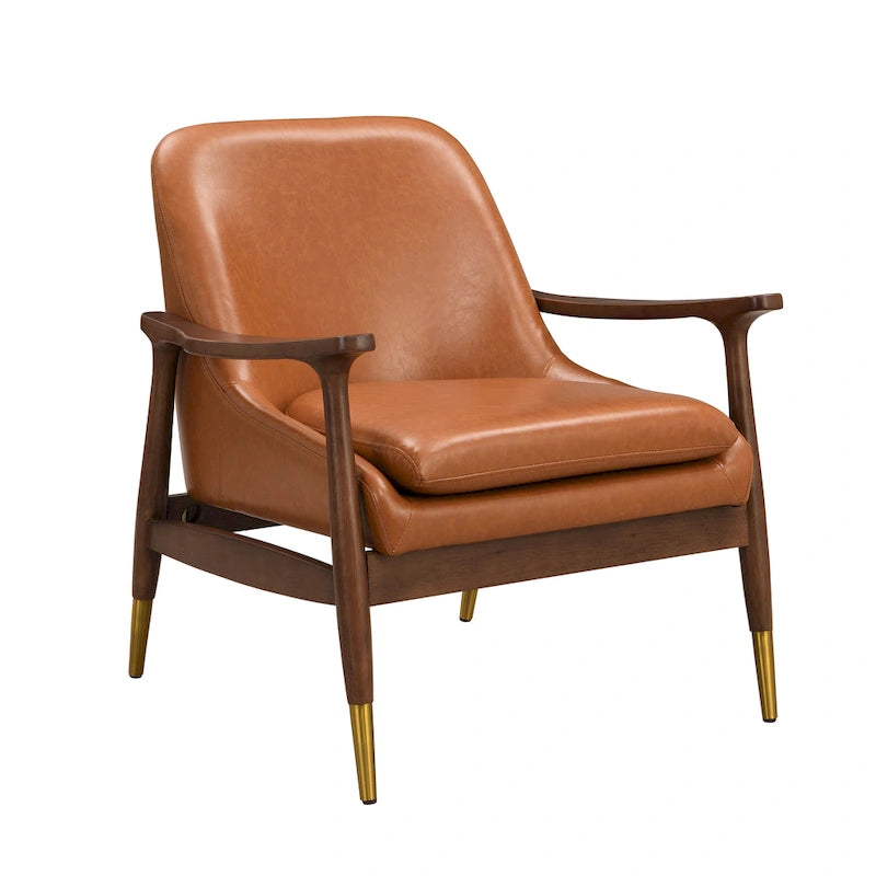Mid-Century Faux Leather Accent Chair with Solid Wood and Brass-Tipped Legs