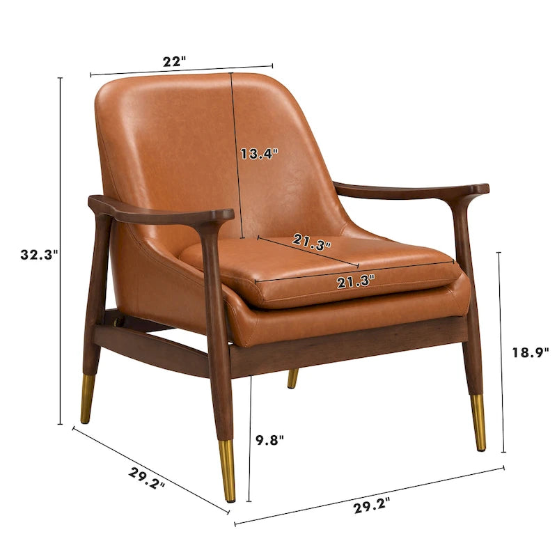 Mid-Century Faux Leather Accent Chair with Solid Wood and Brass-Tipped Legs