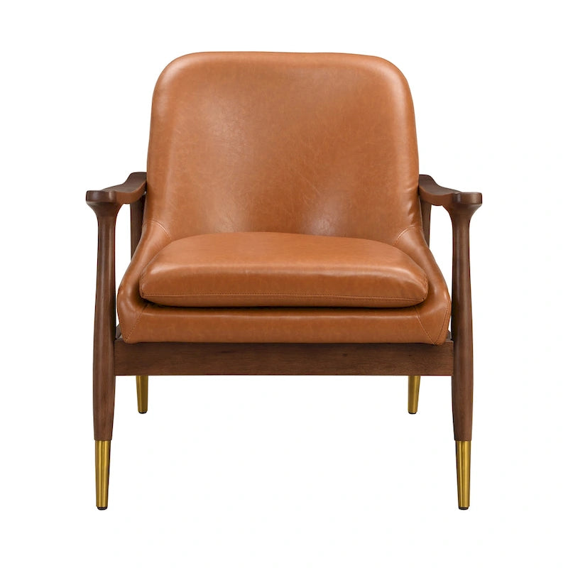 Mid-Century Faux Leather Accent Chair with Solid Wood and Brass-Tipped Legs