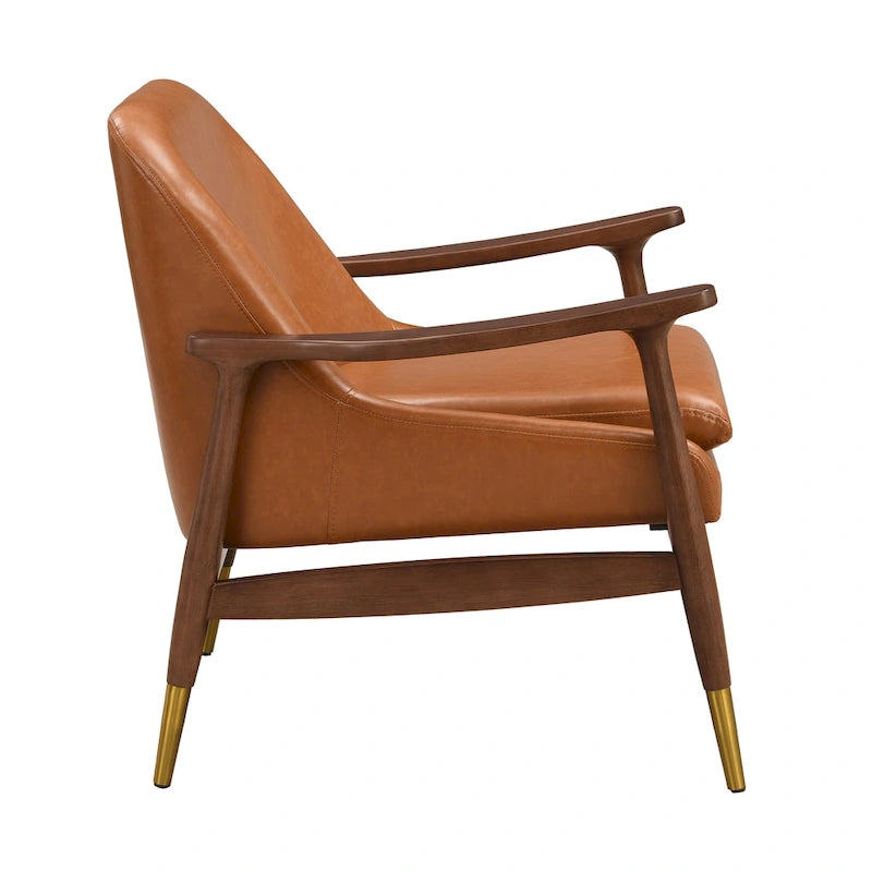 Mid-Century Faux Leather Accent Chair with Solid Wood and Brass-Tipped Legs