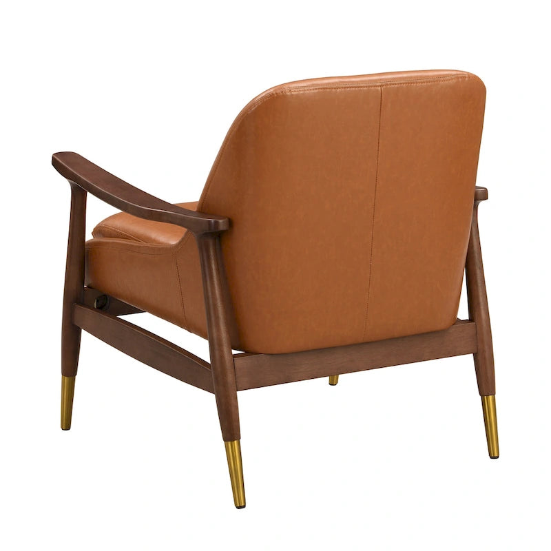 Mid-Century Faux Leather Accent Chair with Solid Wood and Brass-Tipped Legs