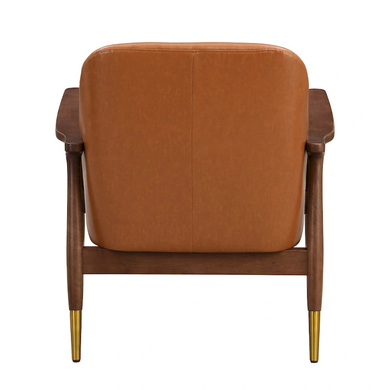 Mid-Century Faux Leather Accent Chair with Solid Wood and Brass-Tipped Legs