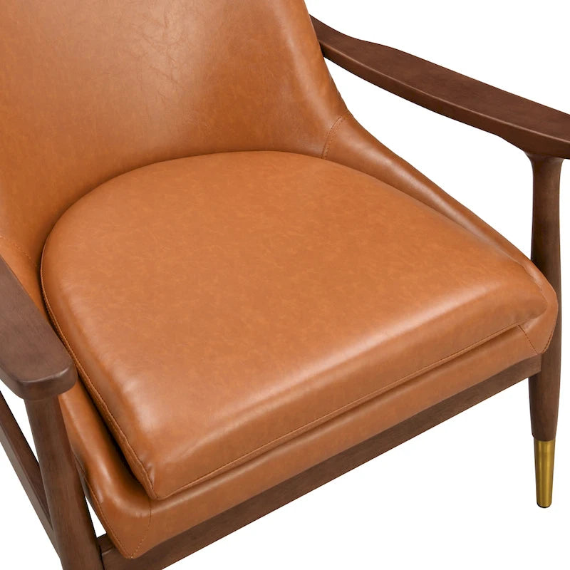 Mid-Century Faux Leather Accent Chair with Solid Wood and Brass-Tipped Legs