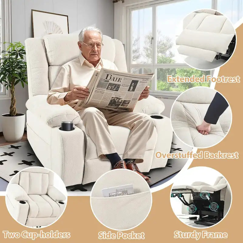 Power Lift Recliner Chair for Elderly with Extended Footrest and Cup Holders