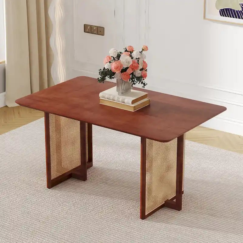 59 Inch Retro Dining Table with Walnut Finish and Wood Legs