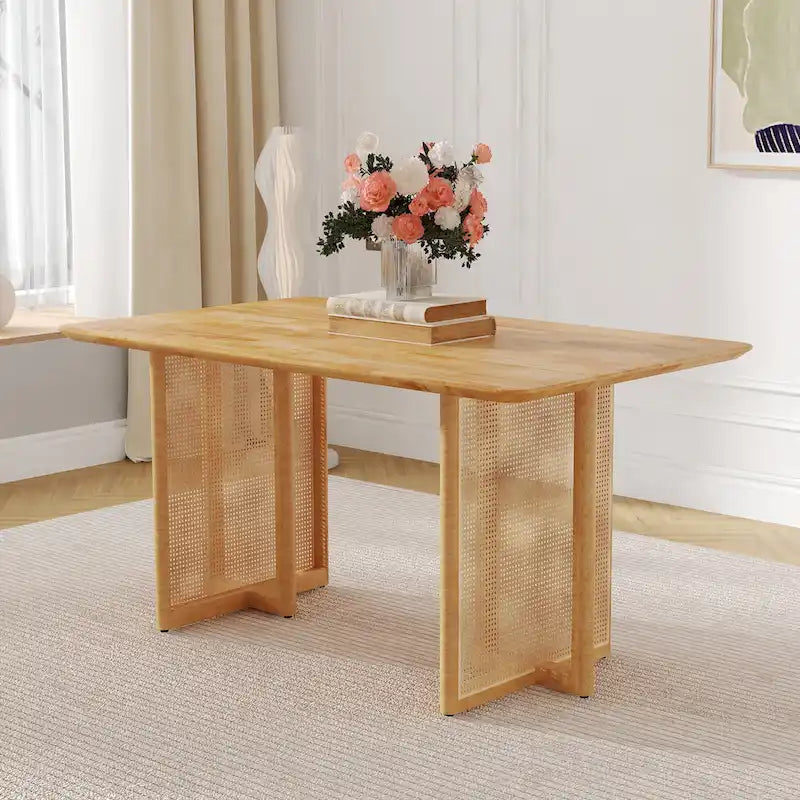 59 Inch Retro Dining Table with Walnut Finish and Wood Legs