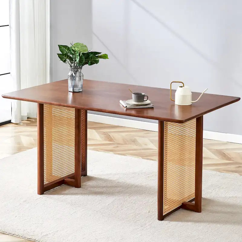 59 Inch Retro Dining Table with Walnut Finish and Wood Legs