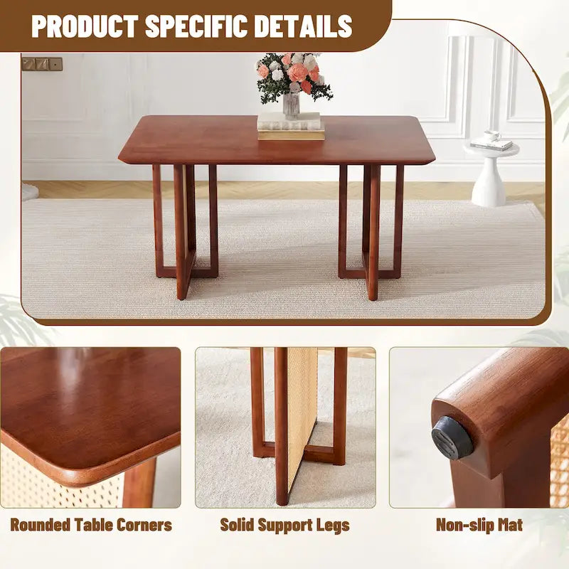 59 Inch Retro Dining Table with Walnut Finish and Wood Legs