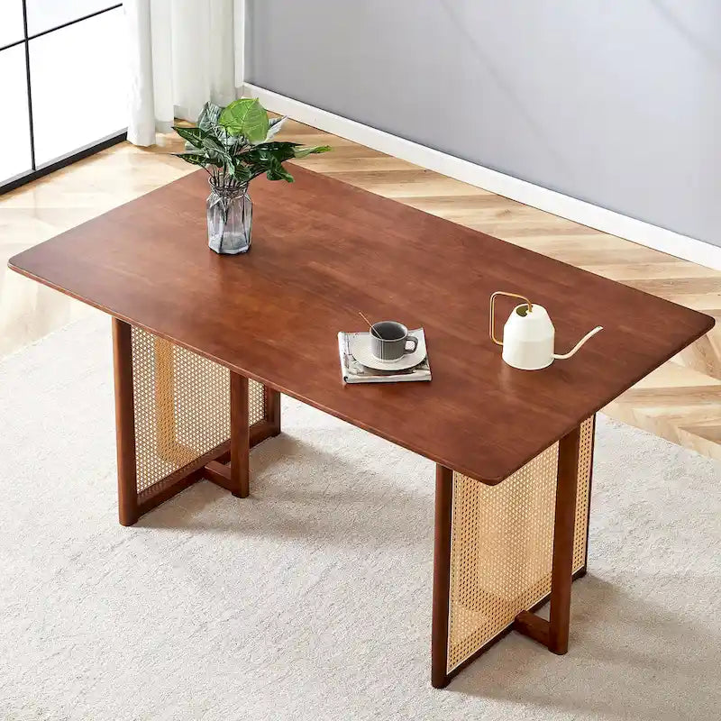 59 Inch Retro Dining Table with Walnut Finish and Wood Legs