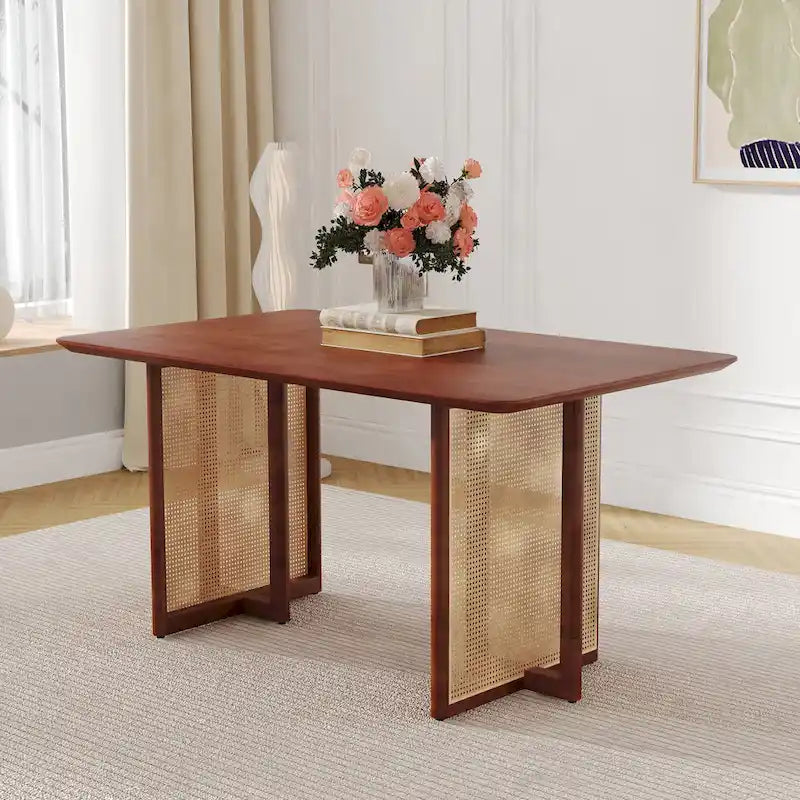 59 Inch Retro Dining Table with Walnut Finish and Wood Legs