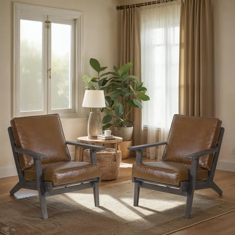 Handcrafted Mango Wood Accent Chair with Buffalo Leather Cushions