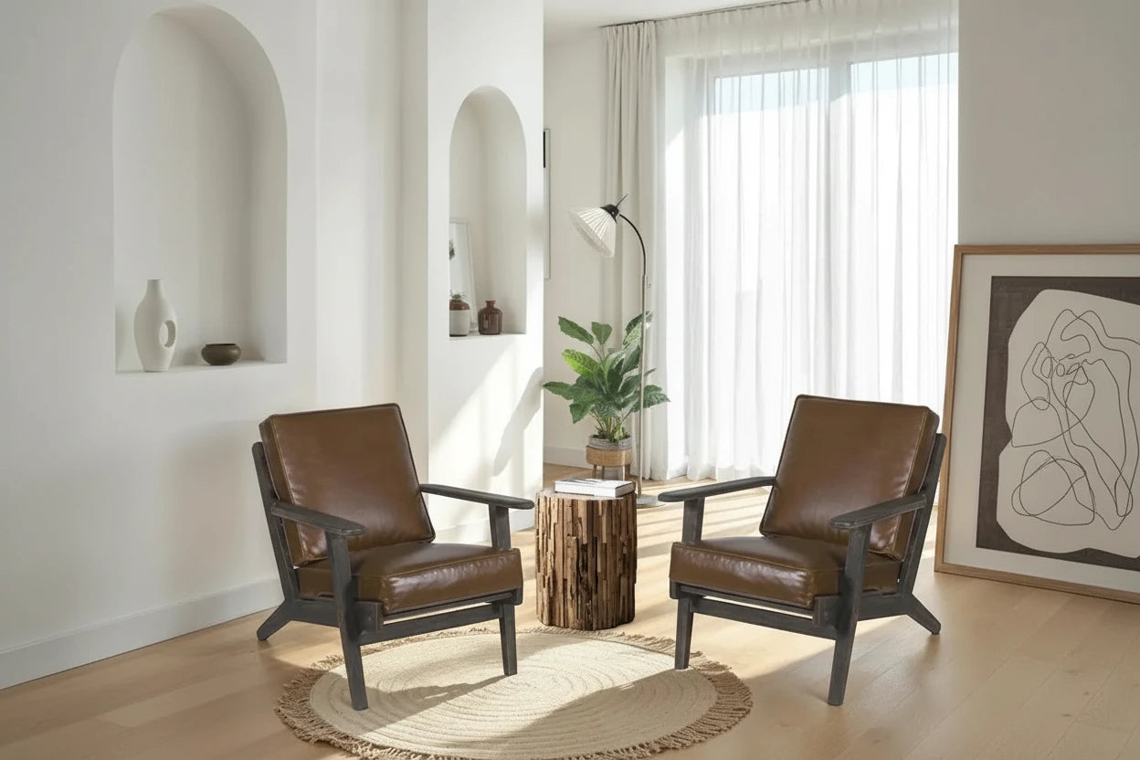 Amber Accent Chair, Handcrafted Slatted Mango Wood, Buffalo Leather Cushions, Angled Legs