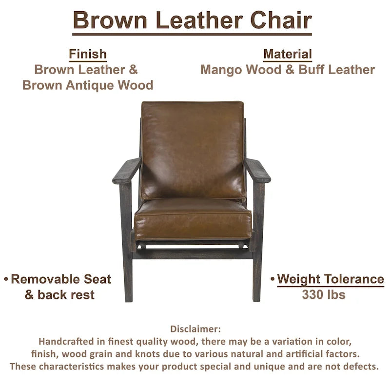 Handcrafted Mango Wood Accent Chair with Buffalo Leather Cushions