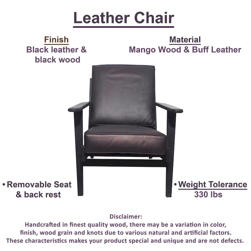 Handcrafted Mango Wood Accent Chair with Buffalo Leather Cushions