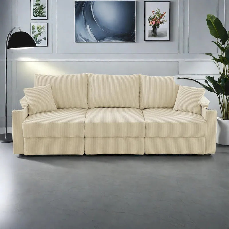 102 Inch Corduroy 3-Seater Sofa with Cup Holders and Phone Holder