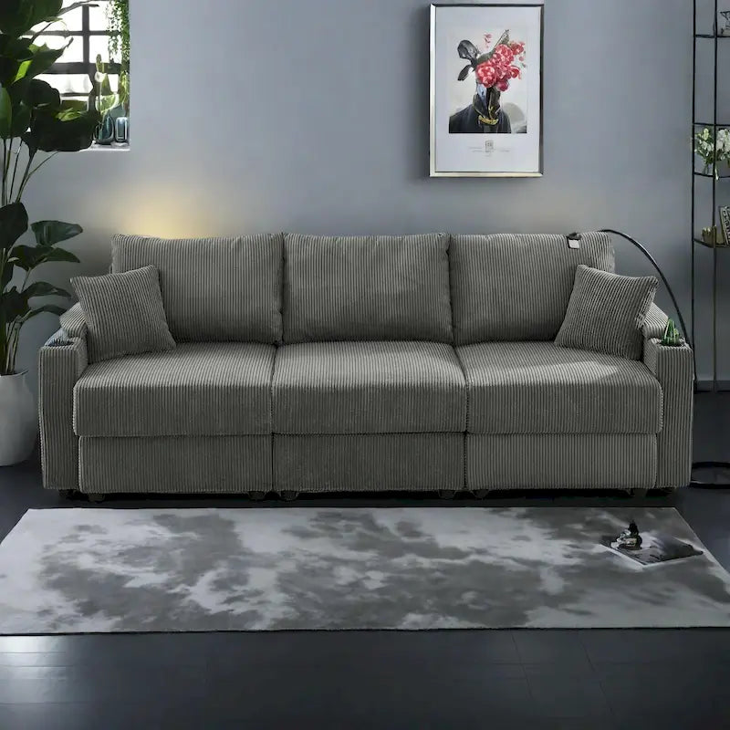 102 Inch Corduroy 3-Seater Sofa with Cup Holders and Phone Holder