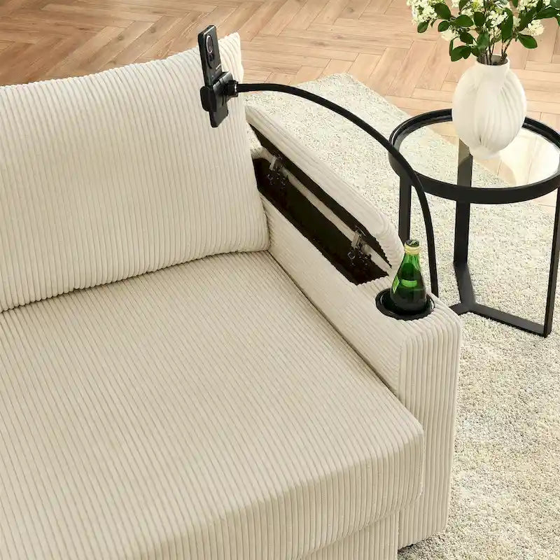 102 Inch Corduroy 3-Seater Sofa with Cup Holders and Phone Holder