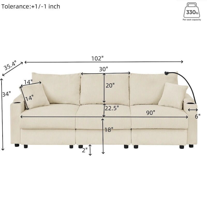 102 Inch Corduroy 3-Seater Sofa with Cup Holders and Phone Holder
