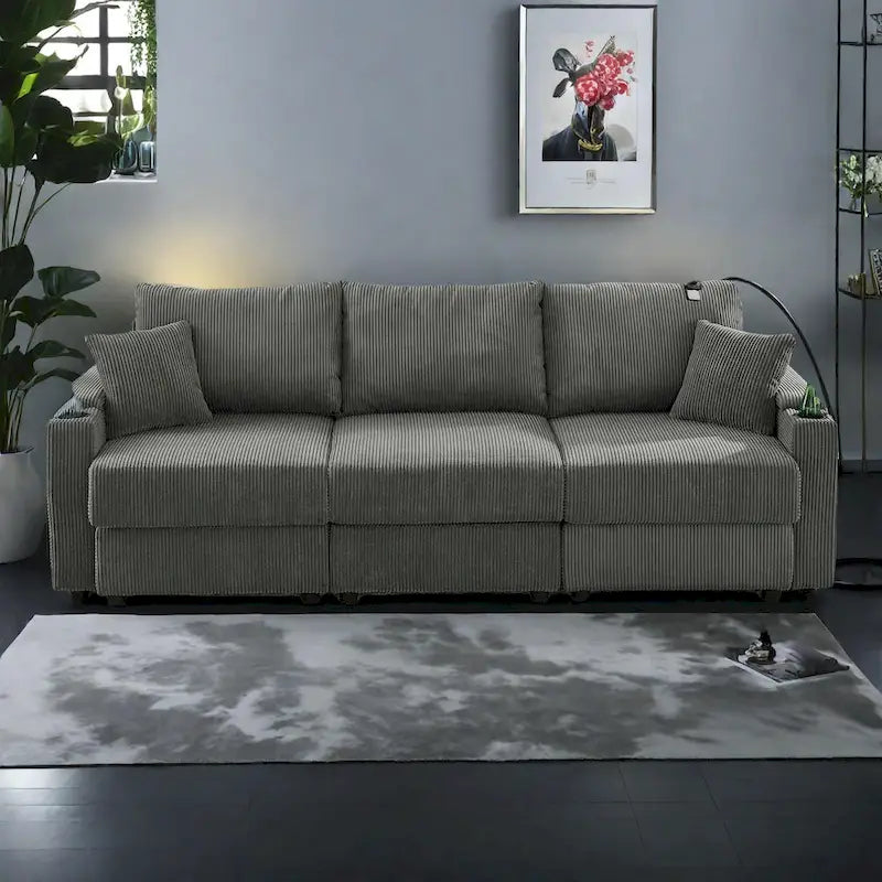 102 Inch Corduroy 3-Seater Sofa with Cup Holders and Phone Holder