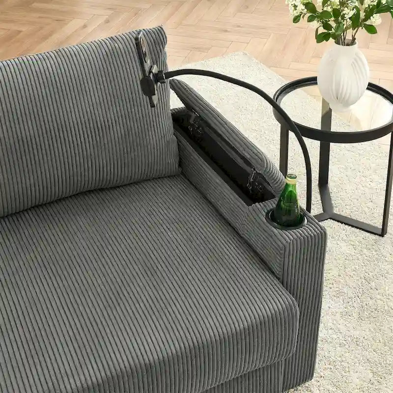 102 Inch Corduroy 3-Seater Sofa with Cup Holders and Phone Holder