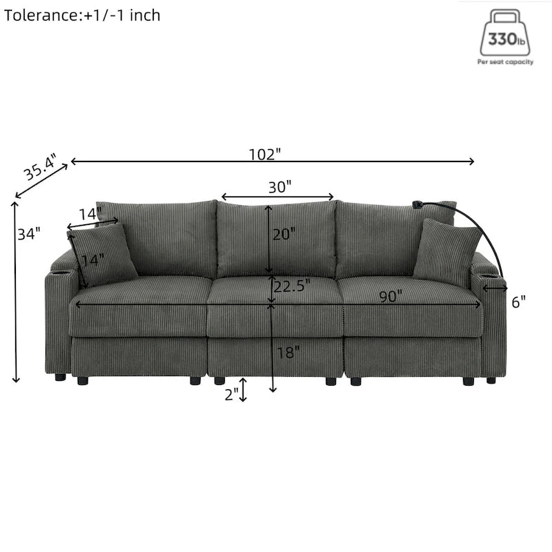 102 Inch Corduroy 3-Seater Sofa with Cup Holders and Phone Holder