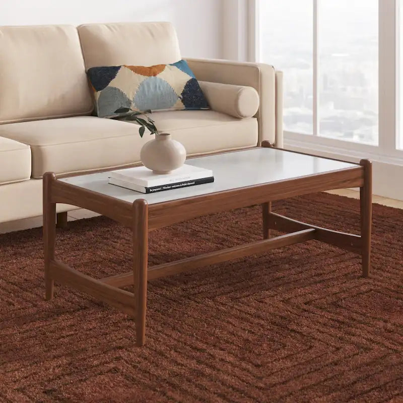 Genuine Marble Top Coffee Table with Walnut Wood Base