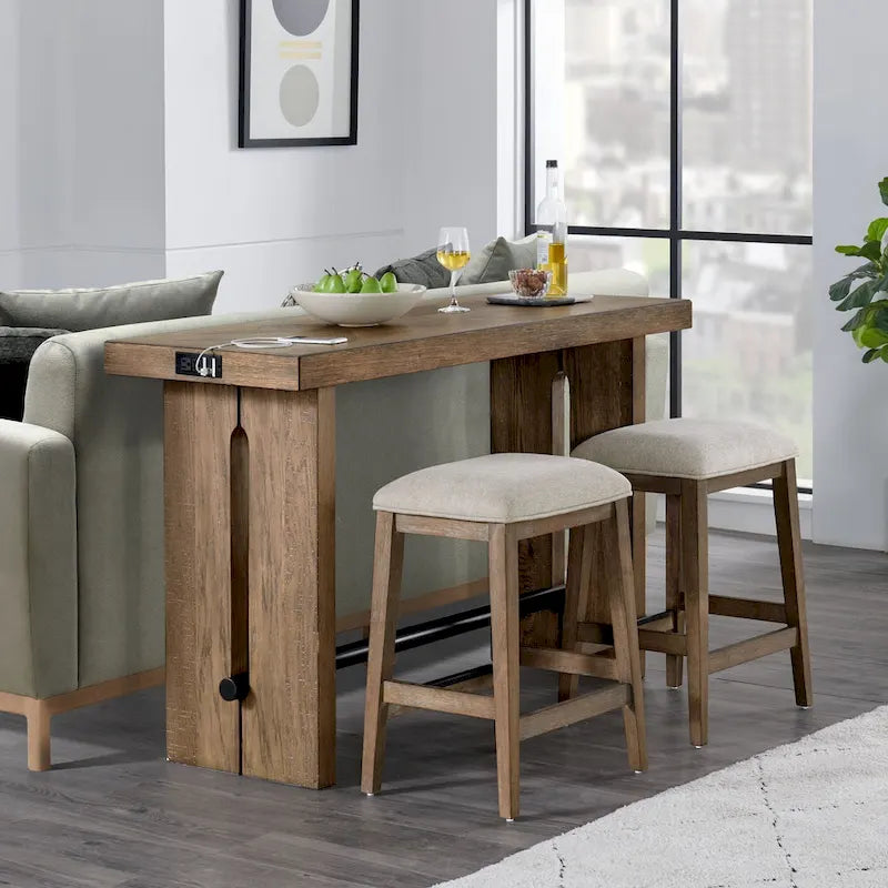 60" Wood Console Sofa Table with Metal Crossbar, Weathered Oak Brown