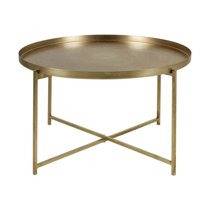 Antique Brass Etched Floral Tray-Top Accent Table