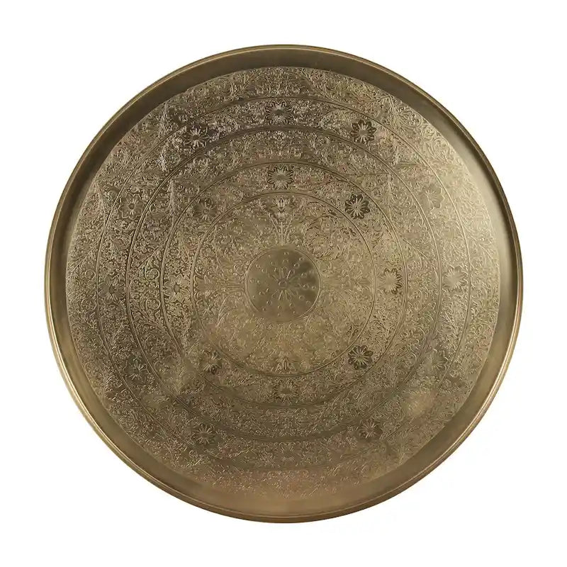 Antique Brass Etched Floral Tray-Top Accent Table