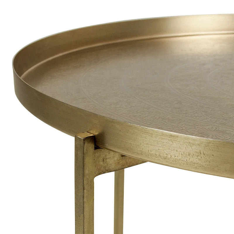 Antique Brass Etched Floral Tray-Top Accent Table