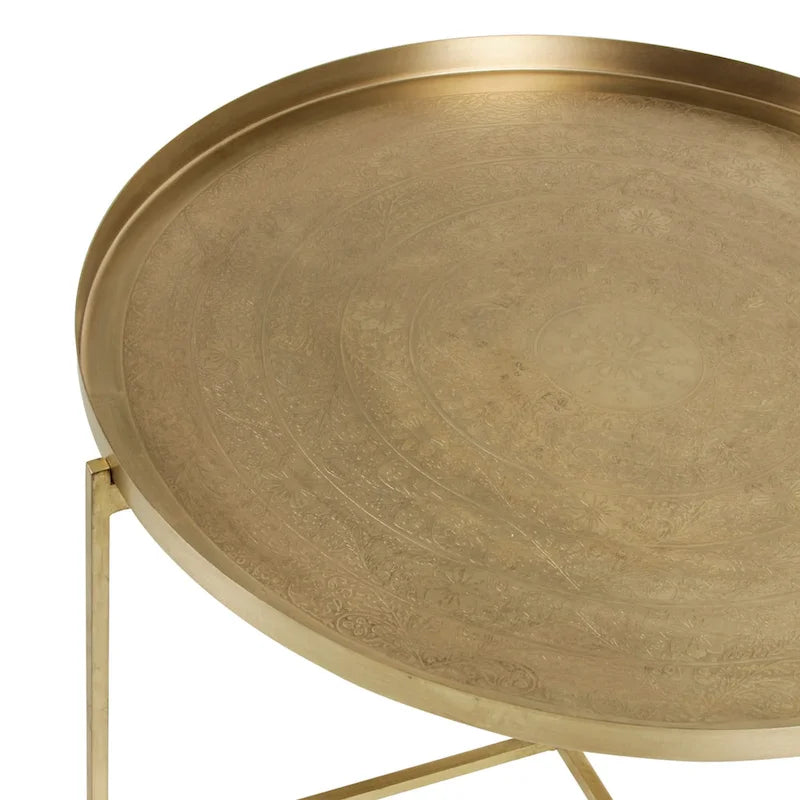Antique Brass Etched Floral Tray-Top Accent Table
