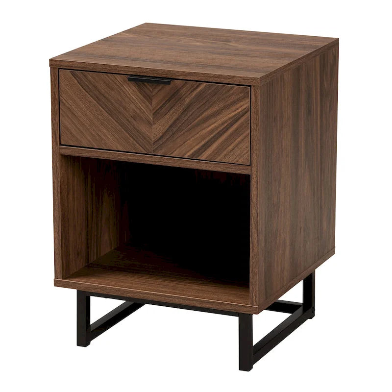 Modern Walnut Brown Wood and Black Metal 1-Drawer End Table
