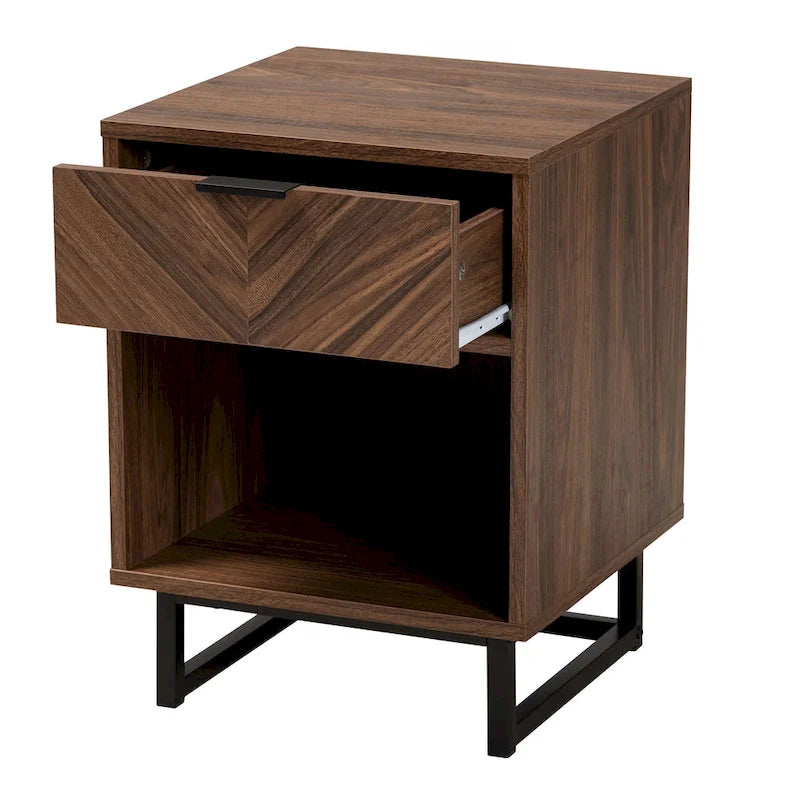 Modern Walnut Brown Wood and Black Metal 1-Drawer End Table