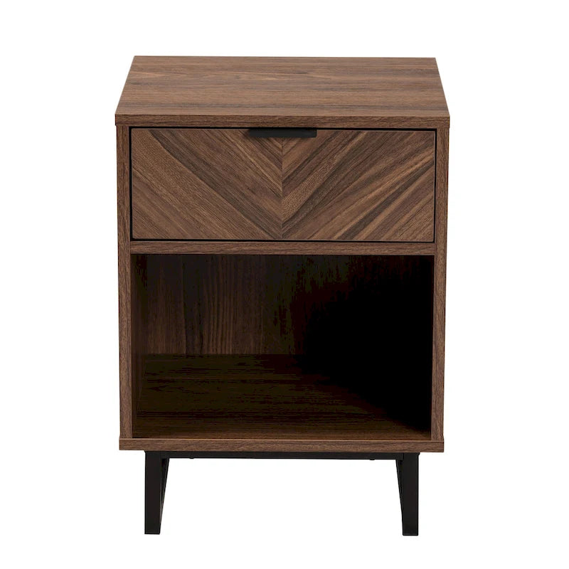 Modern Walnut Brown Wood and Black Metal 1-Drawer End Table