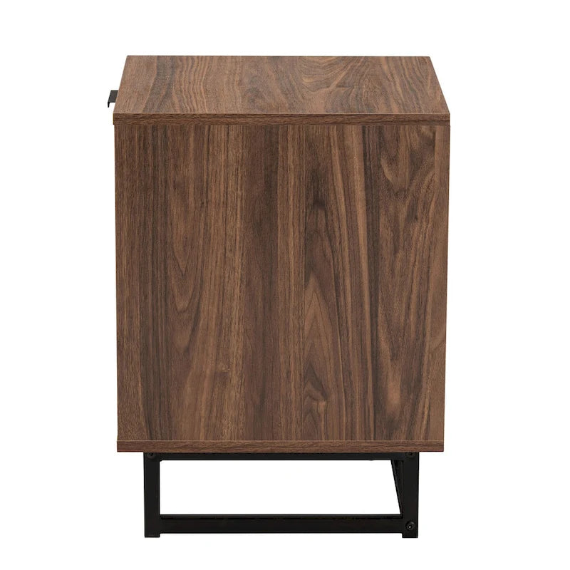Modern Walnut Brown Wood and Black Metal 1-Drawer End Table