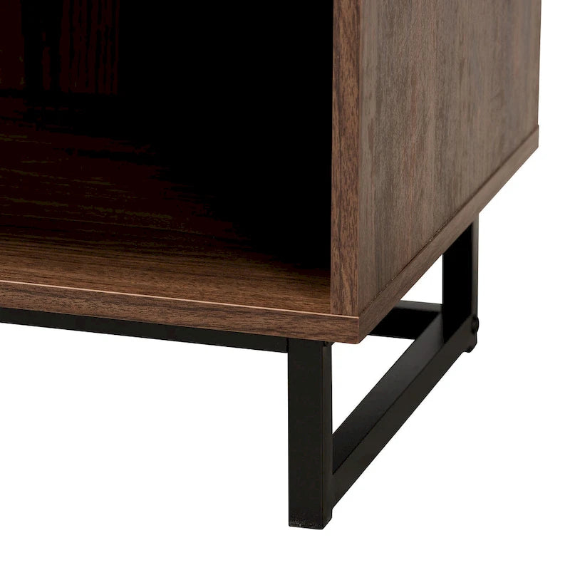 Modern Walnut Brown Wood and Black Metal 1-Drawer End Table