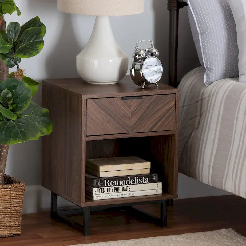 Modern Walnut Brown Wood and Black Metal 1-Drawer End Table