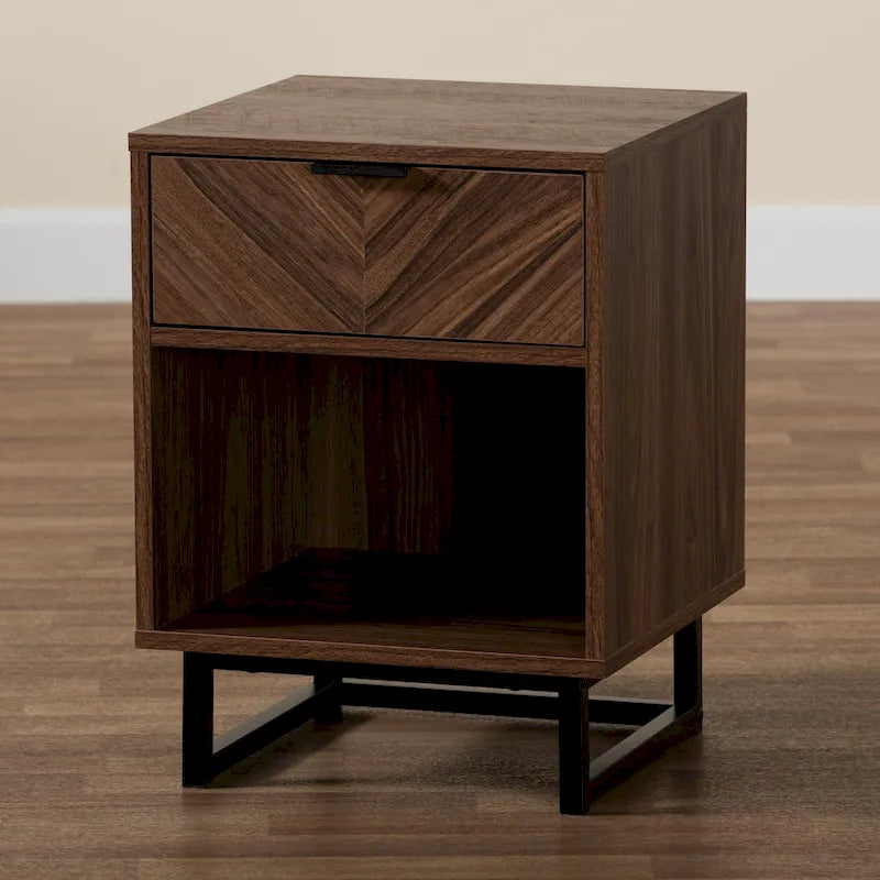 Modern Walnut Brown Wood and Black Metal 1-Drawer End Table