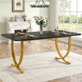 63 Inch Black Rectangular Dining Table with Faux Marble Top and Gold Legs