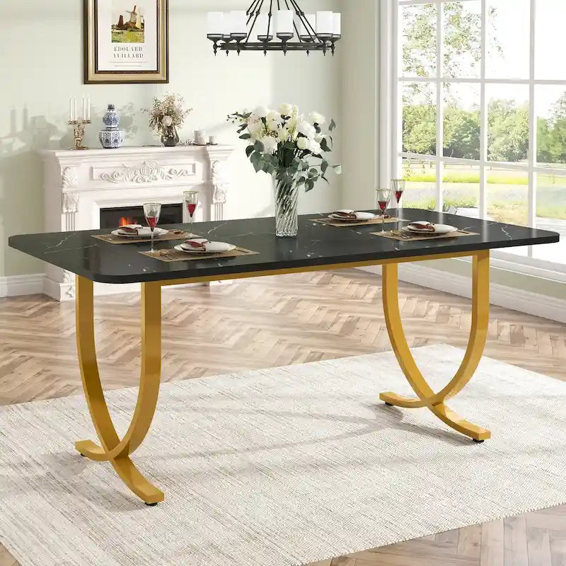 63 Inch Black Rectangular Dining Table with Faux Marble Top and Gold Legs
