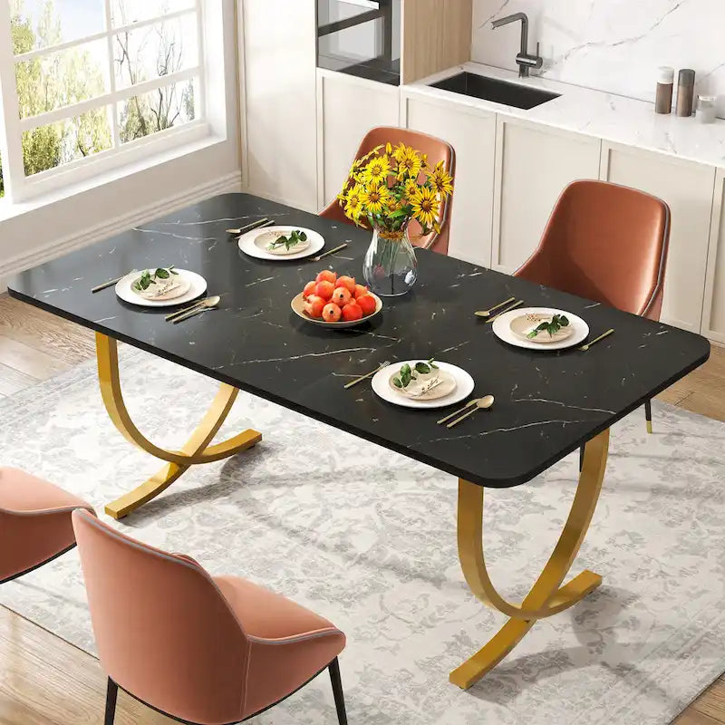 63 Inch Black Rectangular Dining Table with Faux Marble Top and Gold Legs