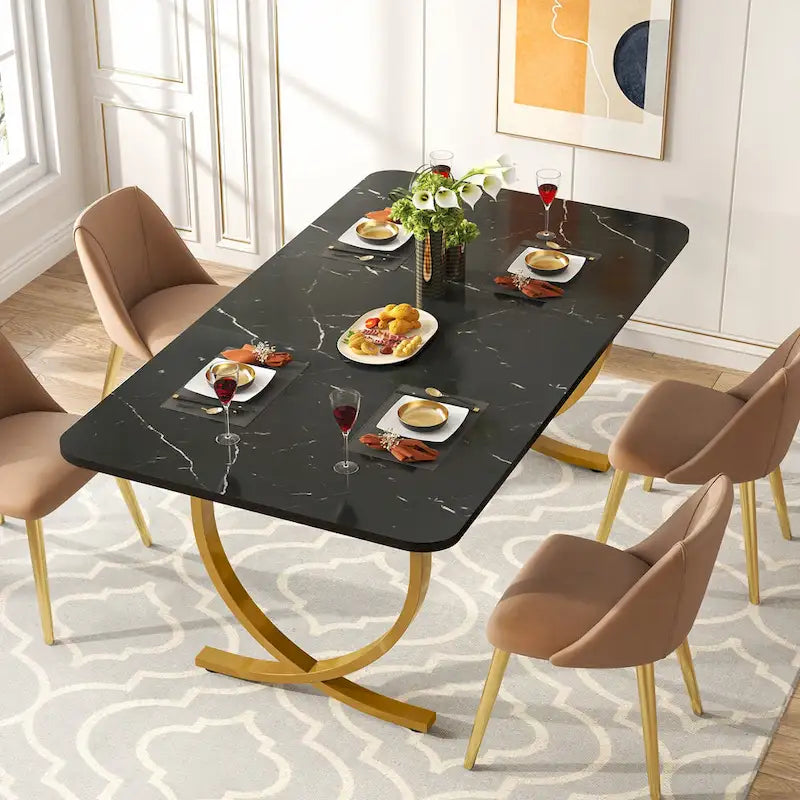 63 Inch Black Rectangular Dining Table with Faux Marble Top and Gold Legs