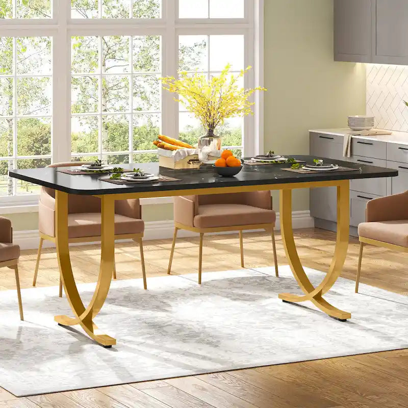 63 Inch Black Rectangular Dining Table with Faux Marble Top and Gold Legs