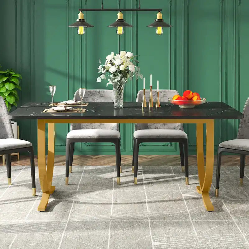 63 Inch Black Rectangular Dining Table with Faux Marble Top and Gold Legs