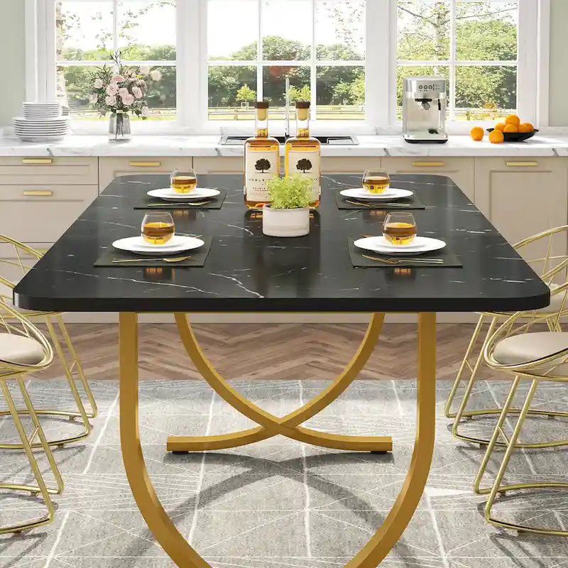 63 Inch Black Rectangular Dining Table with Faux Marble Top and Gold Legs