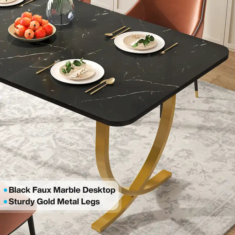 63 Inch Black Rectangular Dining Table with Faux Marble Top and Gold Legs