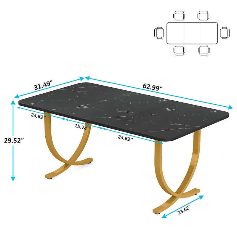 63 Inch Black Rectangular Dining Table with Faux Marble Top and Gold Legs